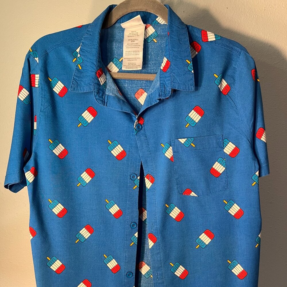 Isaac Morris IML Blue Popsicle Print Cotton Blend Short-Sleeve Button-Up SZ Sm